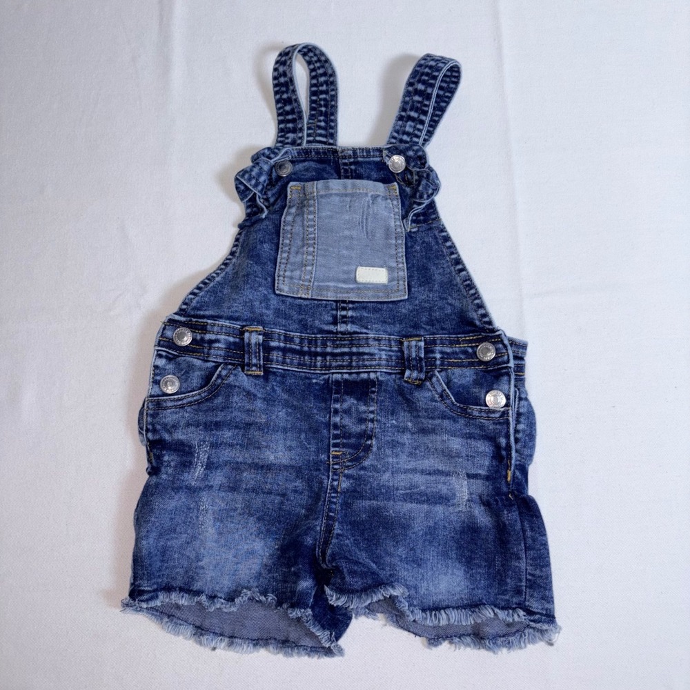 7 For All Mankind Shortalls 3T Blue Excellent Frayed Hem Acid Wash Denim